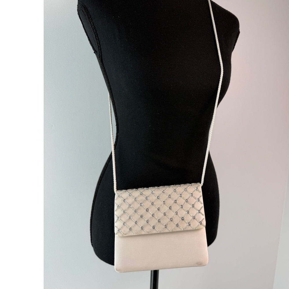 Evening Bridesmaid Wedding Guest Crossbody Mini White Beaded Silk Bag